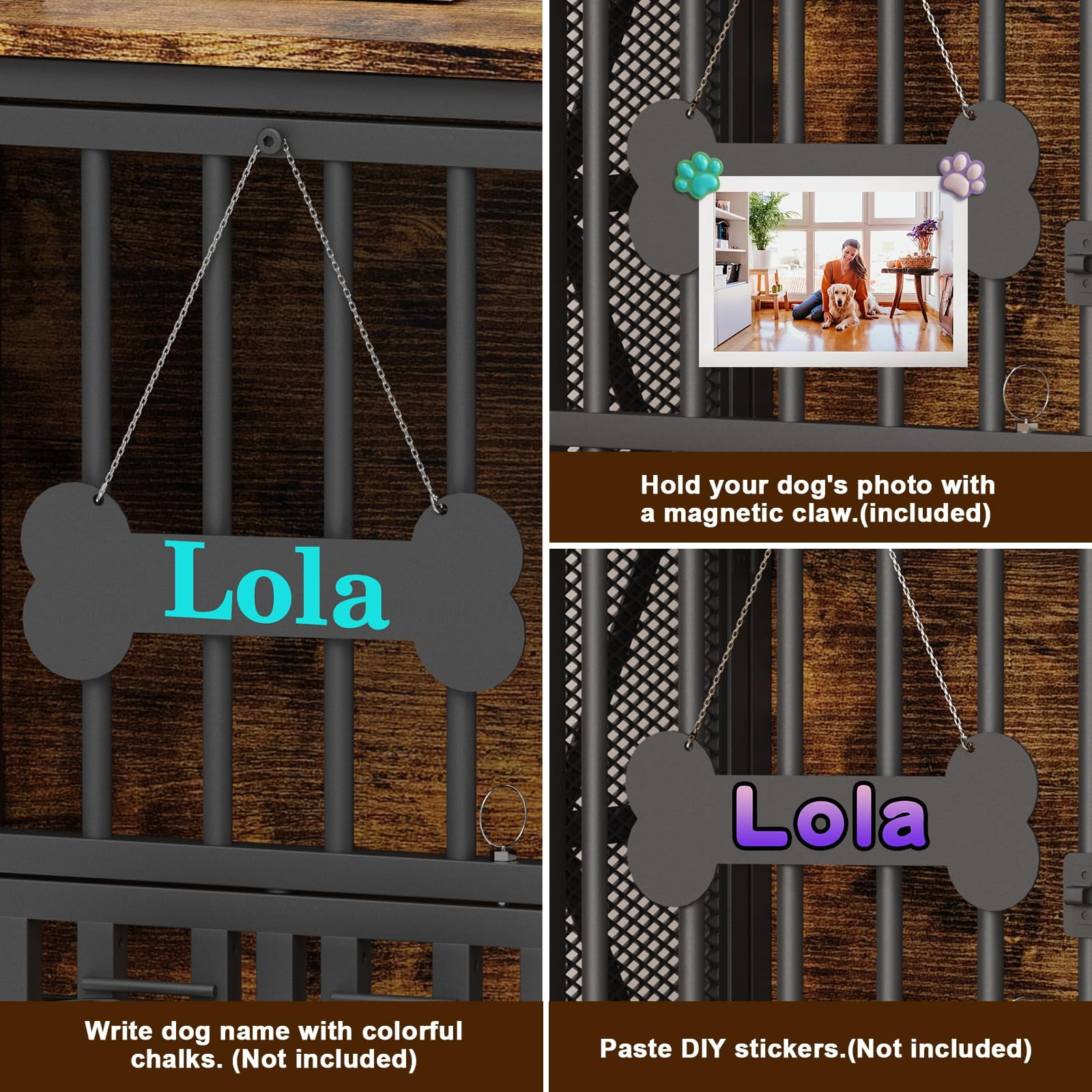 POAO Foldable Large Dog Crate Furniture, 41.3"Assembly-Free Dog Crates for Large Dogs, Wooden Dog Kennel Indoor with Tag & Dog Bowls, Rustic Brown