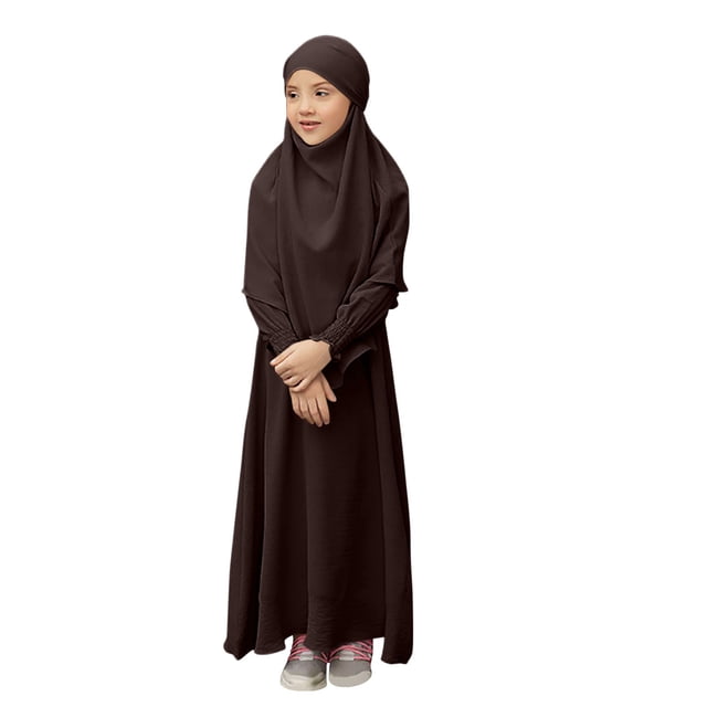RXMEKW Ensemble de Robe Musulmane avec Châle pour Filles Manches Longues Col Rond Robe à Volants Tenue 2 Pcs Rose