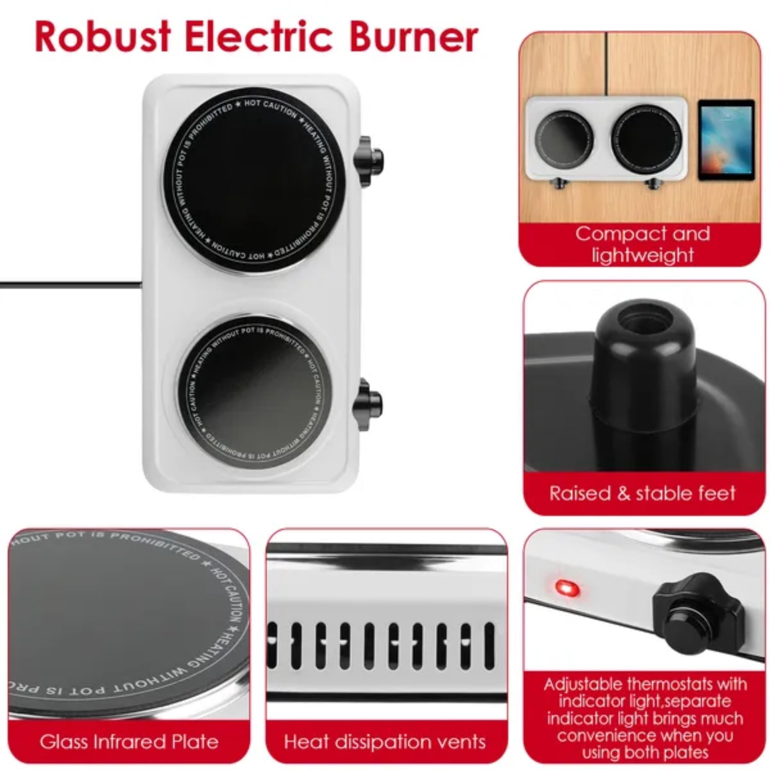 Infrared Dual Burner Electric Hot Plate 1800W Countertop Stove with 1000W & 800W Glass Plates 302-1022℉ Stepless Temp Auto Shut-Off Compact Portable for Dorms RVs & Apartments Black/White (US Plug)