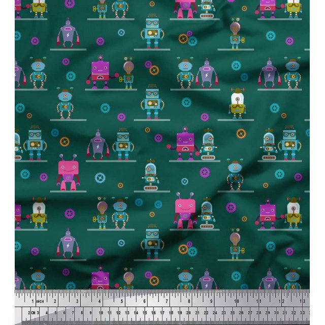 Soimoi Polyester Crepe Fabric Cartoon Machine & Gear Parts Hardware Print Fabric by The Yard 42 Inch Wide