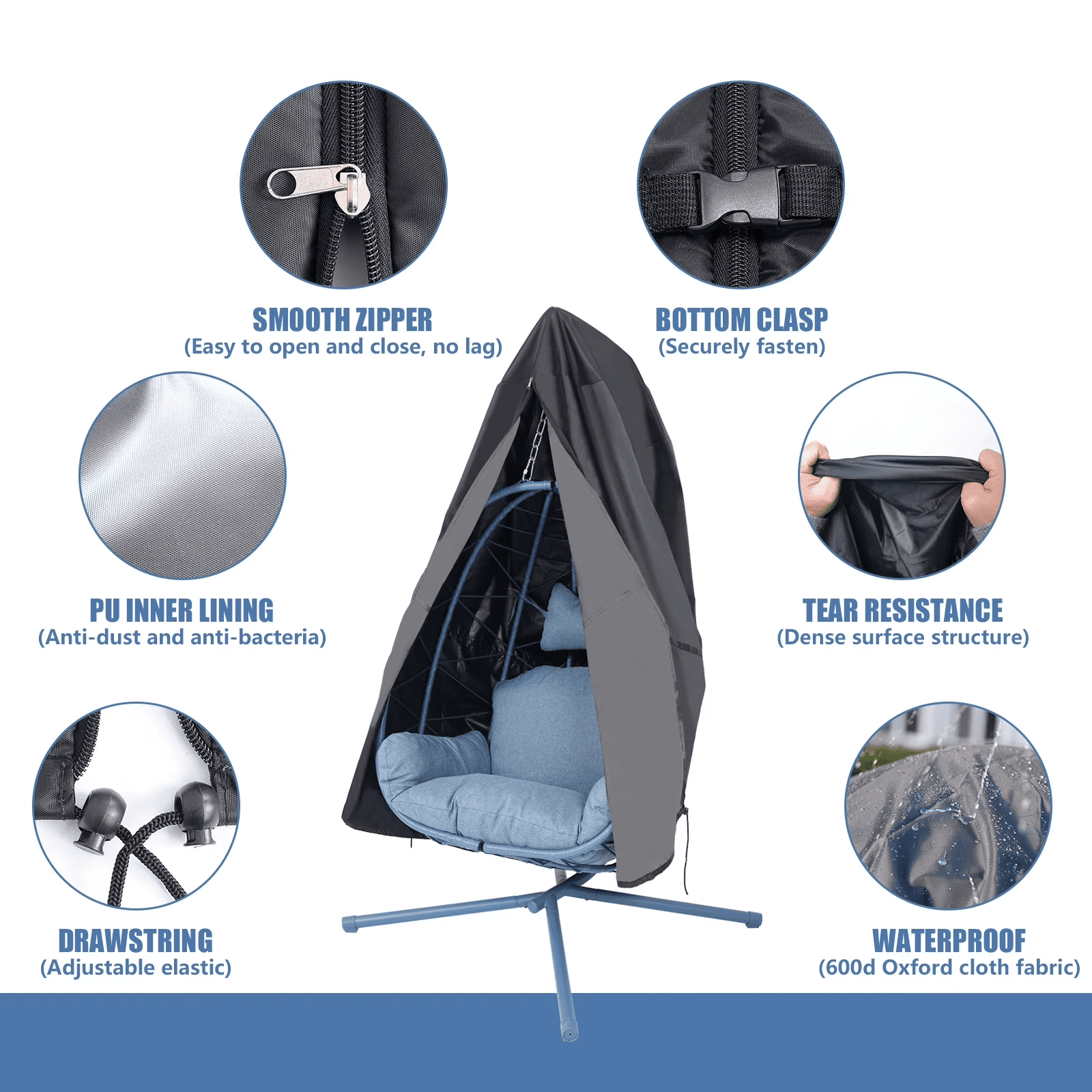 Waterproof Single Egg Chair Cover, Heavy Duty 420D Oxford Hanging Swing Chair Cover with Zipper, Buckle & Drawstring, Windproof Weather Resistant Outdoor Patio Furniture Protector