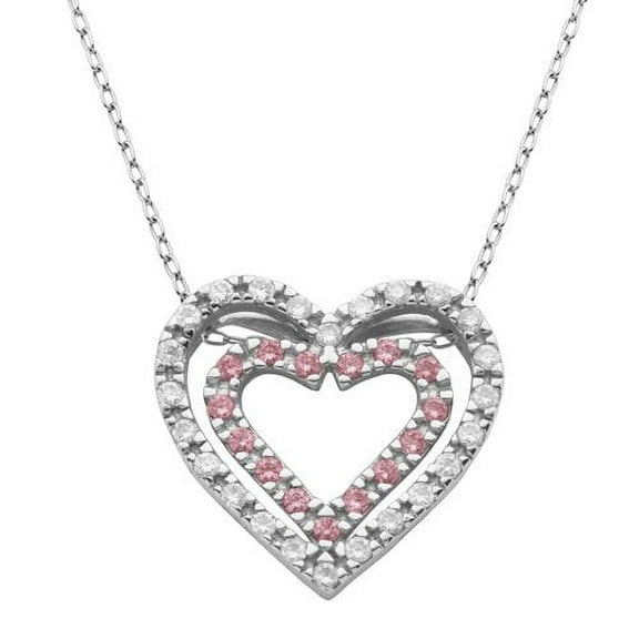 Round-Cut Pink and Clear CZ Rhodium-Plated Sterling Silver Double Heart Pendant, 18" Chain