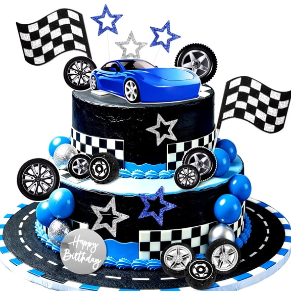 Blue Sports Car Racing Theme Cake Decoration Set - Vibrant Race Track Party Decor Kit
