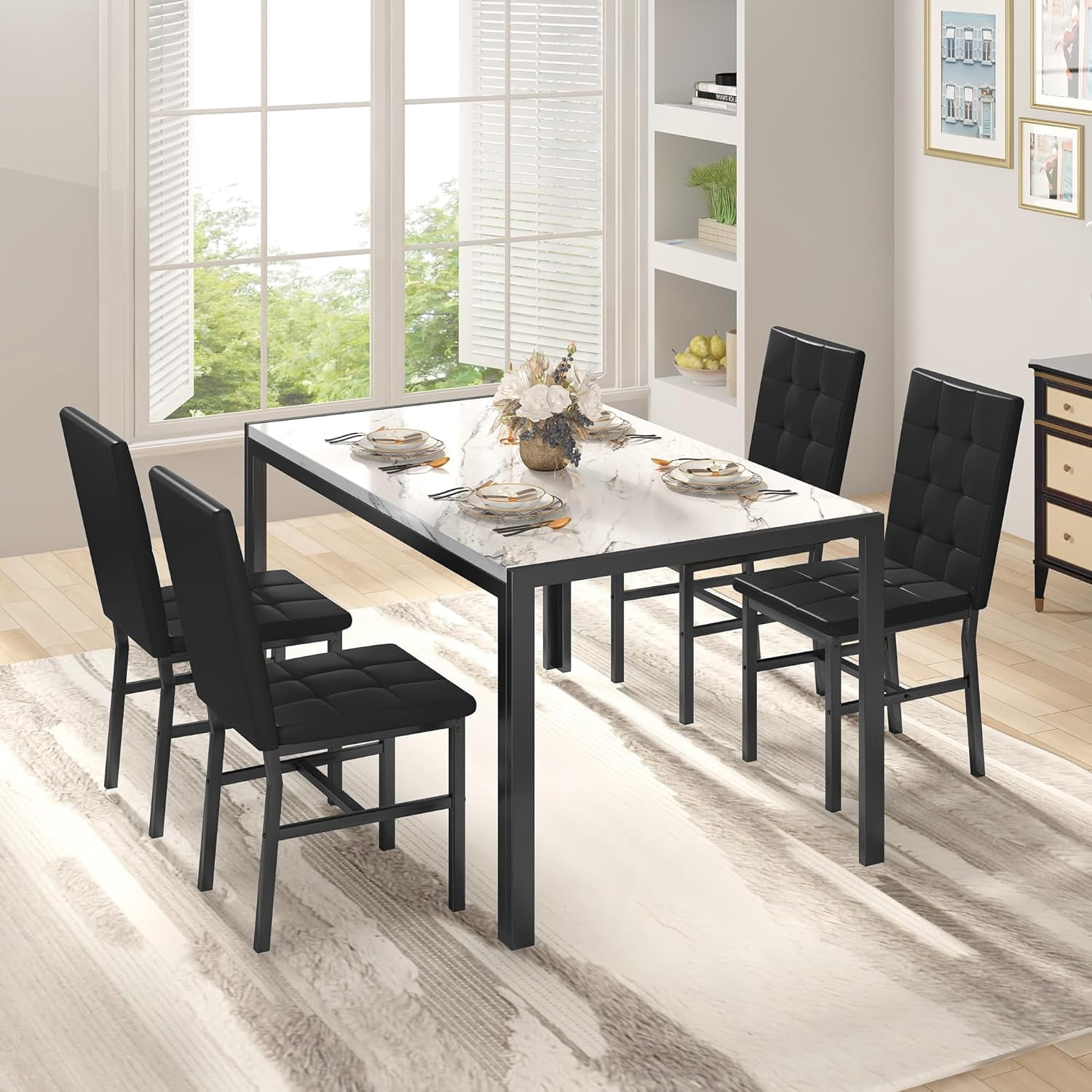 LinkRomat 5-Piece Faux Marble Dining Table Set for 4, Modern Kitchen Table with Chairs, Dinette Dining Room Furniture Set for Compact Space Saving