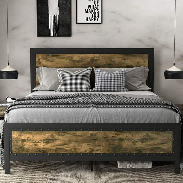 Sha Cerlin Grey Metal Full Bed Frame, Platform Bed Frame Full Wooden