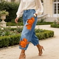 thumbnail image 6 of Karymi Jeans for Women High Waist Floral Print, Large Flower Pattern Loose Wide Leg Denim Trousers with Side Pockets, 6 of 8