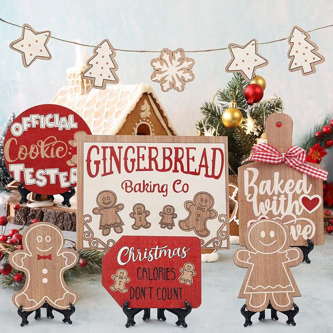 12Pcs Christmas Tiered Tray Decor Christmas Wood Tabletop Decor Gingerbread Man Xmas Tabletop Farmhouse Coffee Signs Snowmen for Christmas Winter Farmhouse Home Party Holiday Decoration