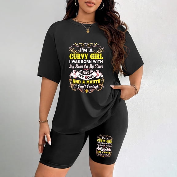 Women's Plus Size Curvy Girl Quote Print T-Shirt & Shorts Set