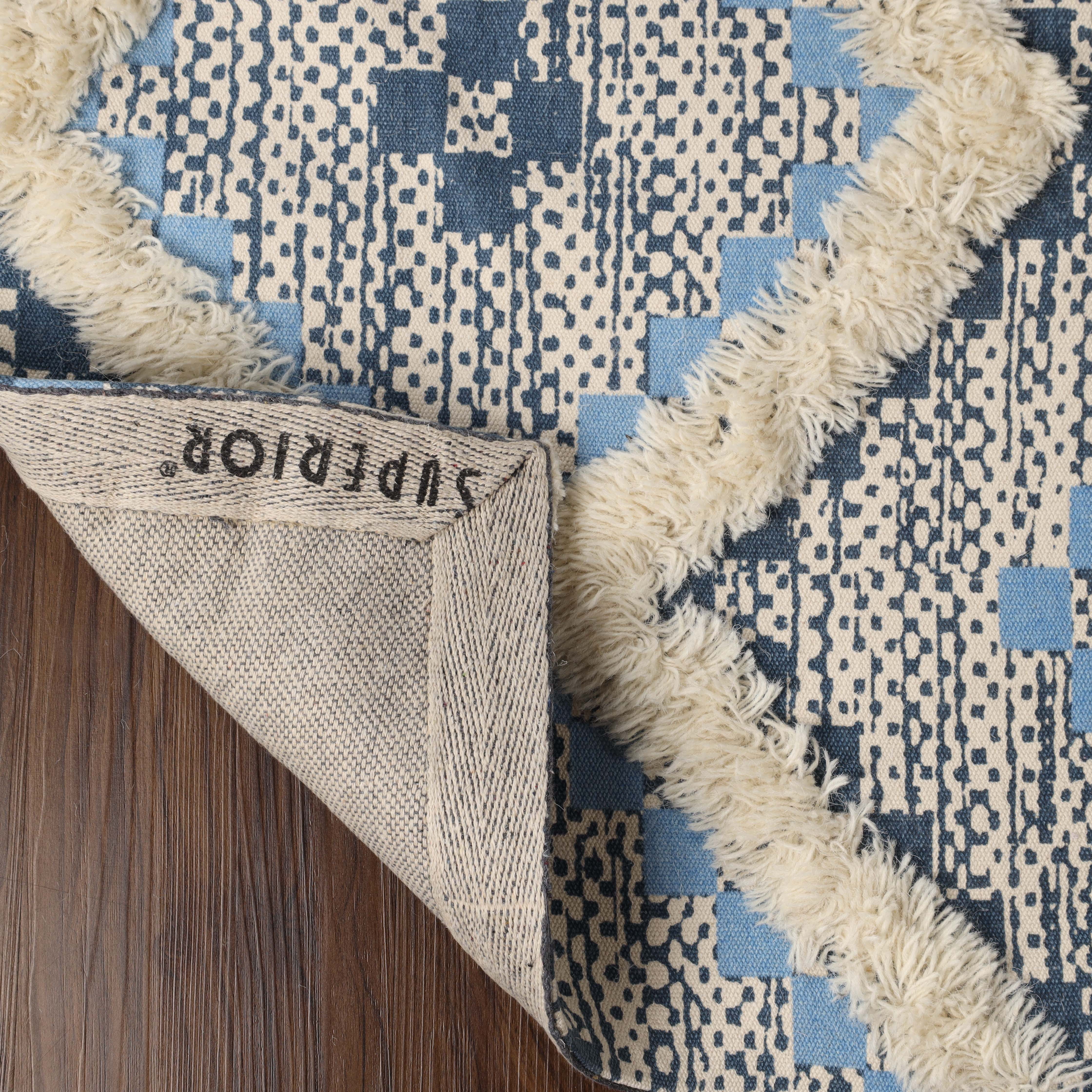 Superior Evren Hand-Tufted Cotton/Wool Textured Geometric Stone Blue/Midnight Blue Farmhouse Area Rug, 3' x 5'