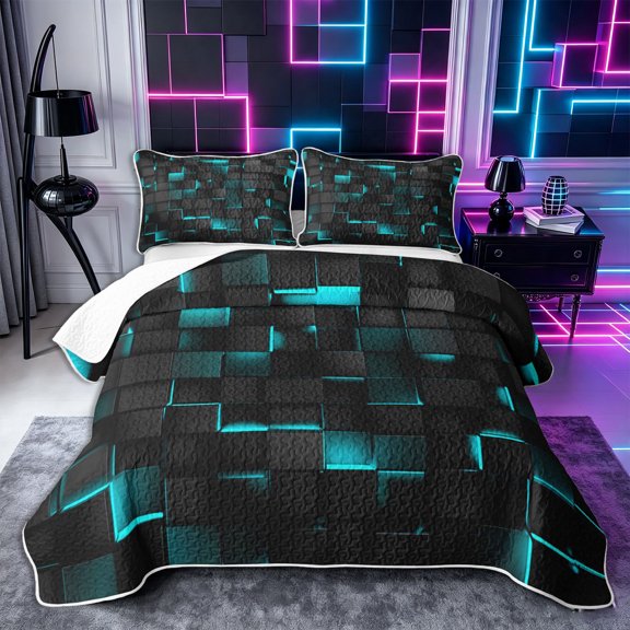 Castle Fairy Futuristic Cube Texture Twin Quilt Set 2 Pieces,Minimalist Cyan Neon Outline Twin Coverlet Set,Black Teal,1 Bedspread and 1 Pillowcase