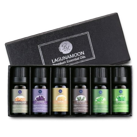 Lagunamoon Essential Oils Top 6 Gift Set,Premium Therapeutic Aromatherapy for Diffuser, Humidifier, Massage, Skin&Hair Care,10ml lavender,tea tree,peppermint, rosemary,lemon,frankincense