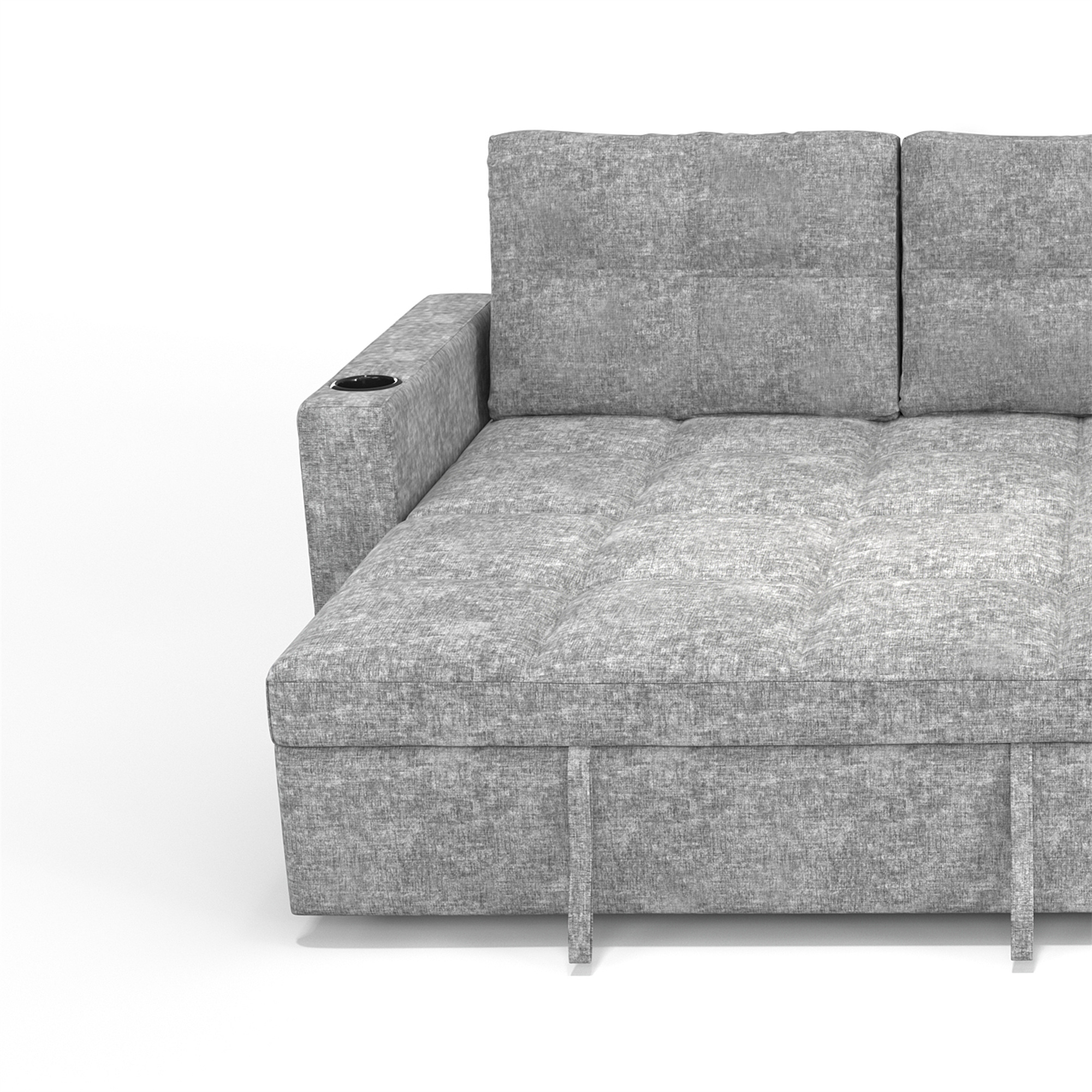 Modern Contemporary Convertible Chaise Sectional with Hidden Storage & Sleeper, Light Grey