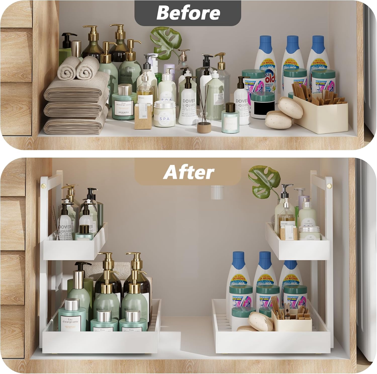 Bamboo Under Sink Organizer and Storage, 2 Tier Pull Out Cabinet Organizer, Slide Out Under Sink Storage Shelf, Undersink Organizers Shelves for Kitchen Bathroom Organization (White, 2 Packs)