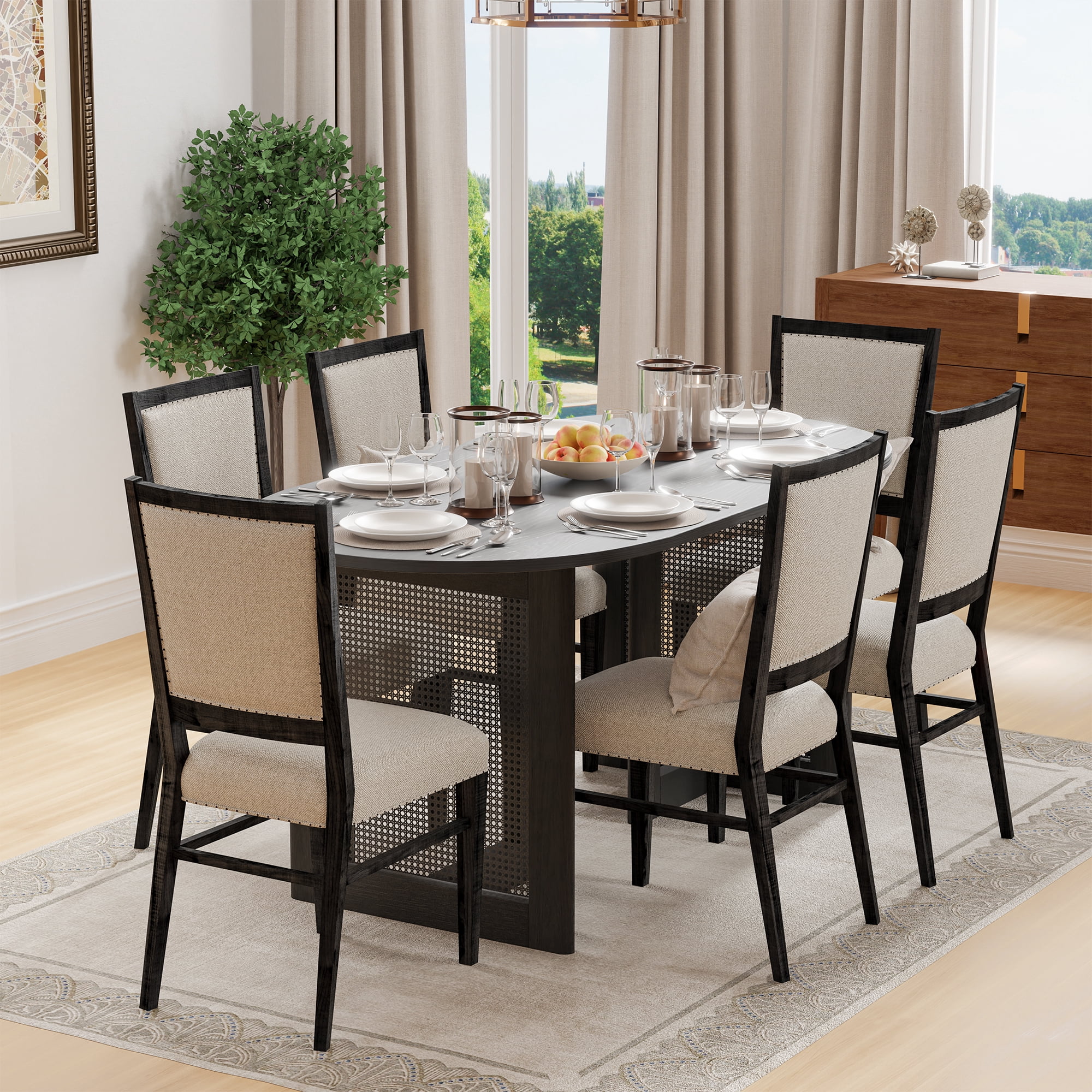 67"x33.5"x30" Modern Wood Oval Dining Table,Tabacco Oak,Dining Room&Kitchen,Black