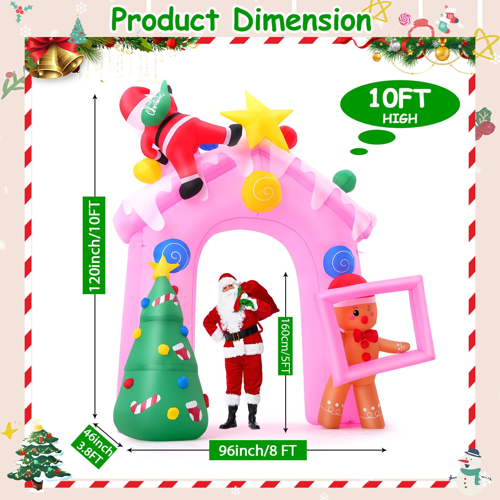 Funcid 10FT Pink Christmas Inflatable Archway with LED Lights - Candy House Holiday Yard Decoration with Santa & Gingerbread Man