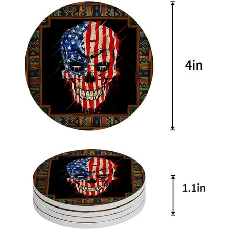 

FMSHPON Independence Day Skull Vintage American Flag Set of 8 Round Coaster for Drinks Absorbent Ceramic Stone Coasters Cup Mat with Cork Base for Home Kitchen Room Coffee Table Bar Decor