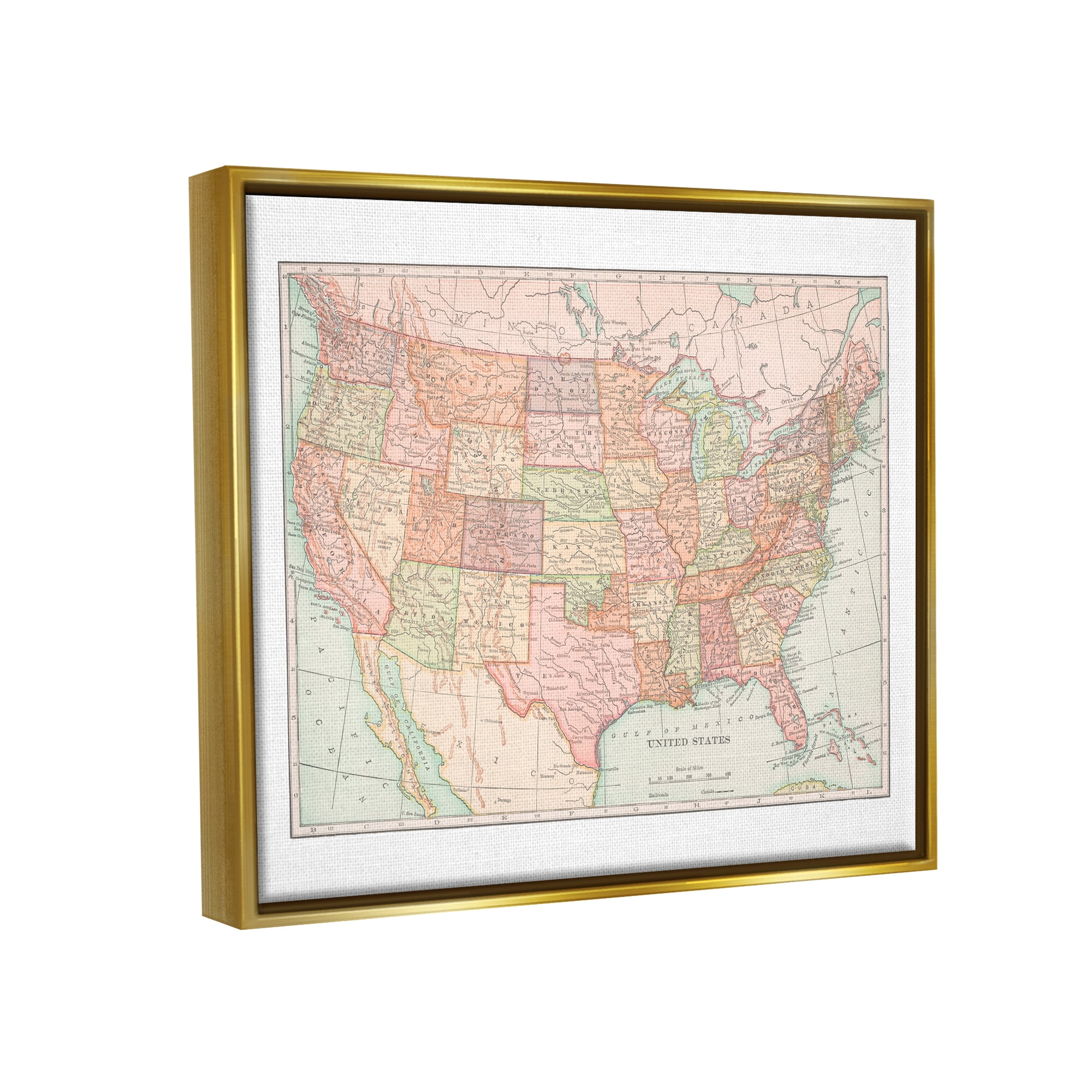 Stupell Industries Traditional USA Map Travel & Places Painting Gold Floater Framed Art Print Wall Art, 31 x 25