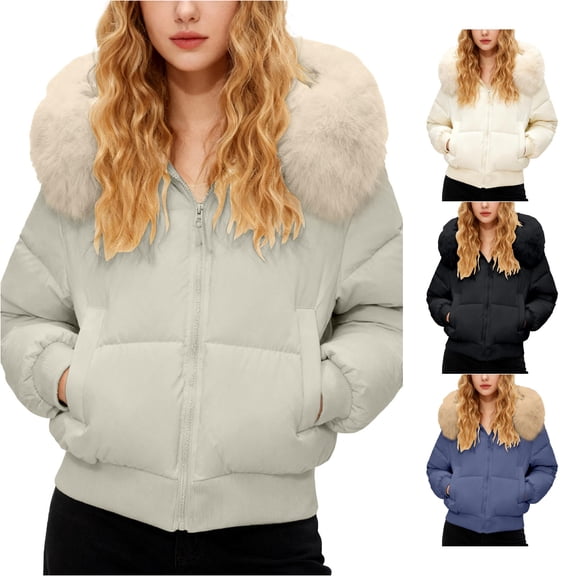 Unir Womens Winter Coats, Quilted Jackets For Women, Cropped Puffer Jacket With Faux Fur Hood, Zip Up Short Winter Outerwear, S‑XL