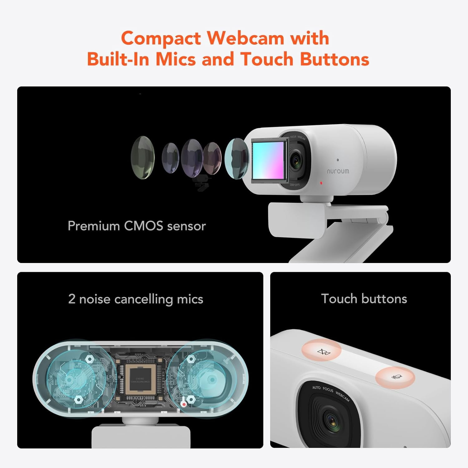 Nuroum V15-AF 2K Webcam with Microphone, 1080p 60FPS AutoFocus Web Camera with Privacy Cover and Mute, 75°FOV Dual Microphone USB FHD Computer Camera, Plug and Play for Zoom/Skype/Teams