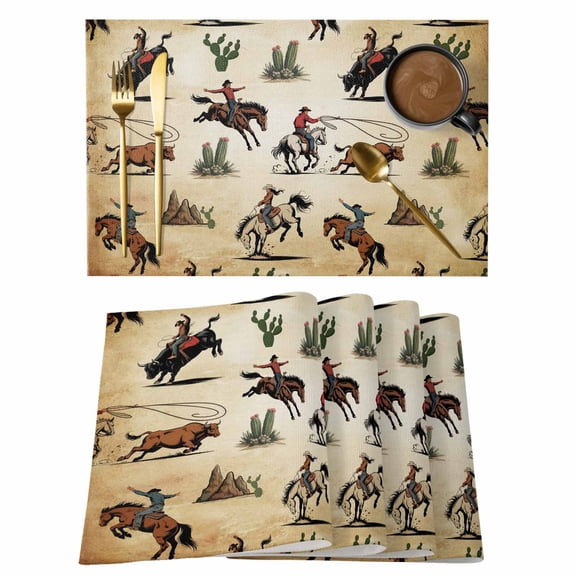 Western Cowboys Placemats Set of 8 Brown Vintage Country Cactus Place Mats Indoor Wipeable Table Mats Washable Cloth Dining Table Placemats for Kitchen Holiday Party Home Decor 13x19 Inch