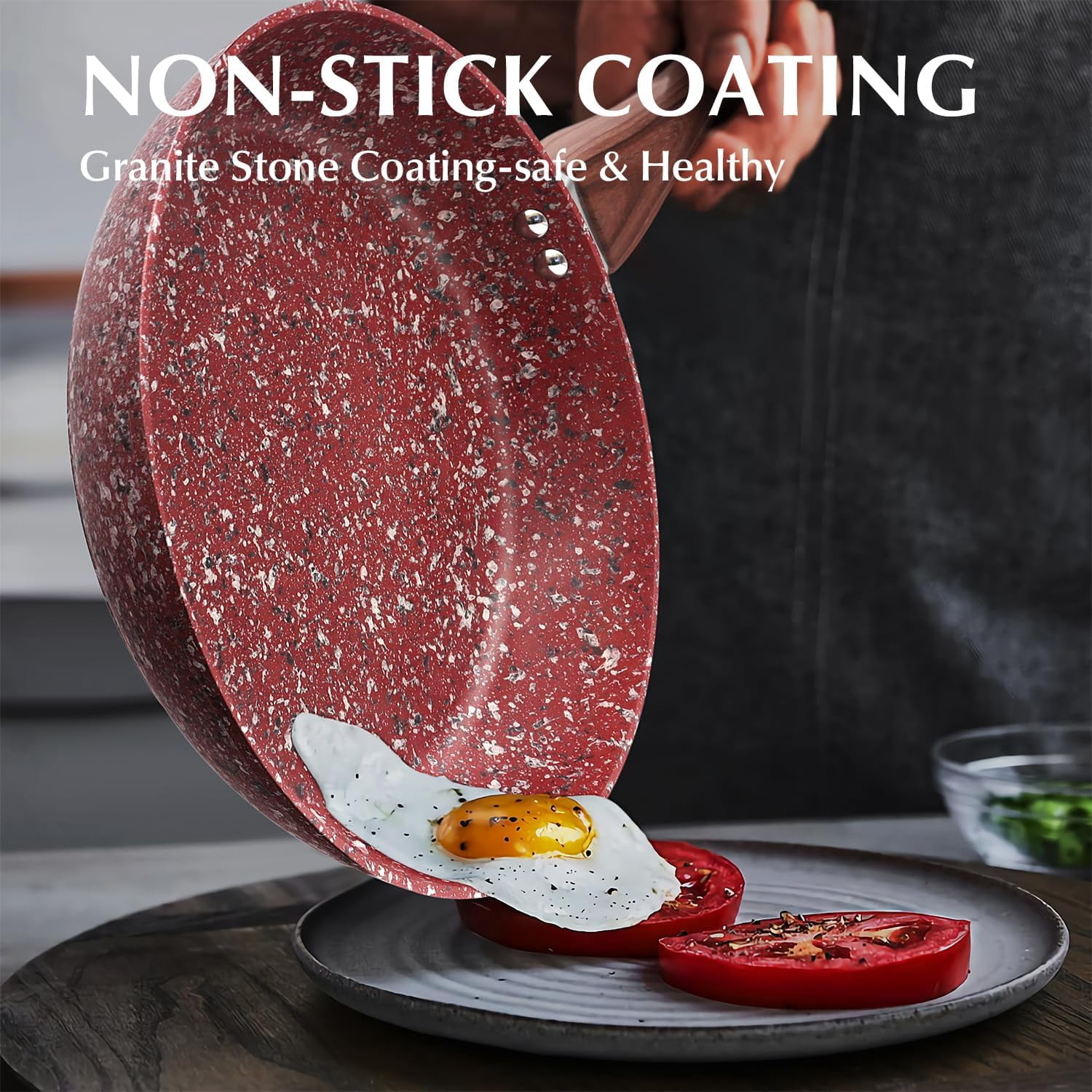 Koch Systeme CS 8-Inch Nonstick Frying Pan, Nonstick Granite Coating, Induction Compatible, Dishwasher Safe Skillet, Red