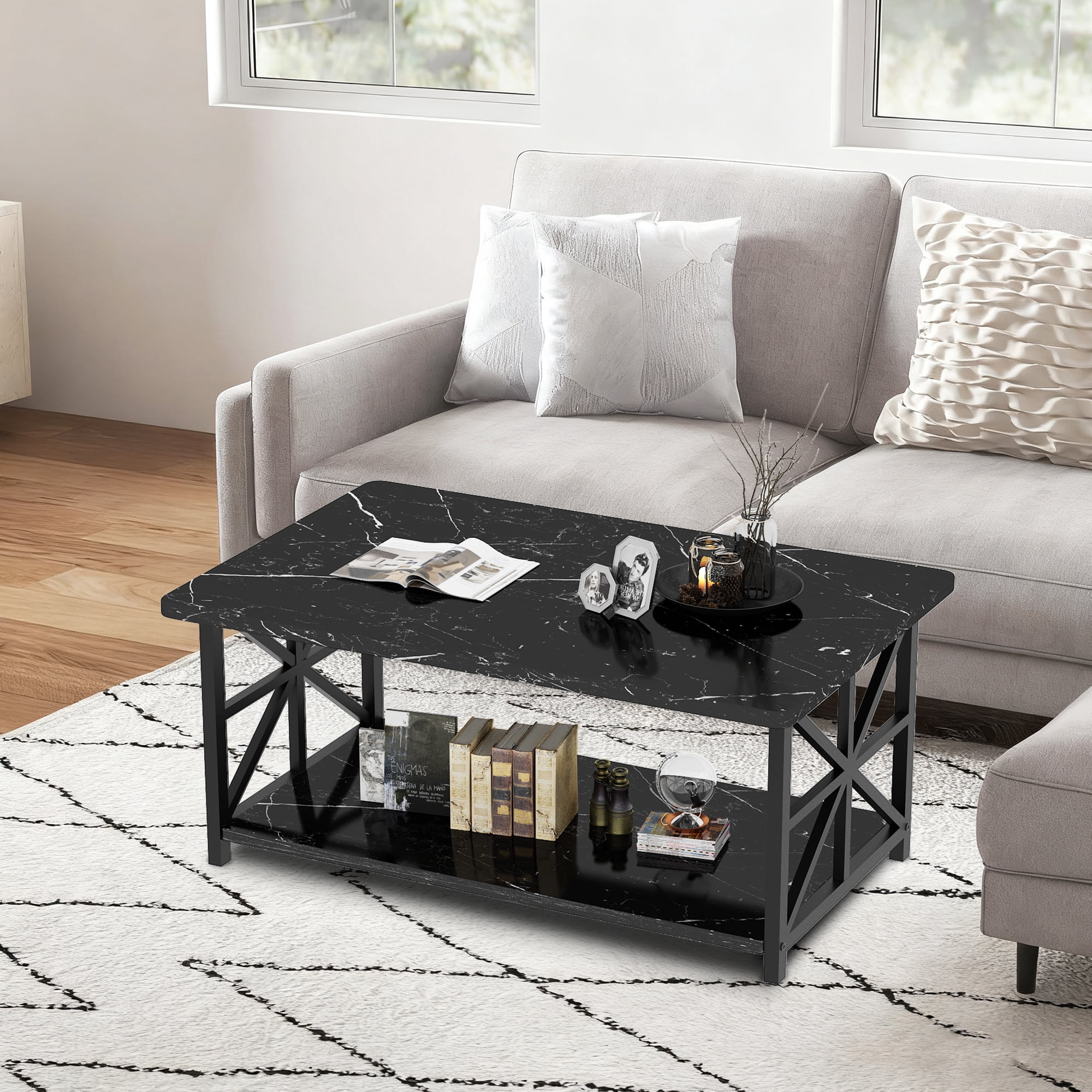 Cvortll Coffee Table Round Corners, 2 Tier Living Room Table with Storage Shelf, Rectangular Tabletop Center Desk for Small Spaces, Black