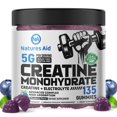 thumbnail image 1 of Gomitas de monohidrato de creatina Nature's Aid (5 g): Energía preentrenamiento y apoyo para el crecimiento muscular para hombres y mujeres | Gomitas de electrolitos de arándano (135 unidades), 1 of 5
