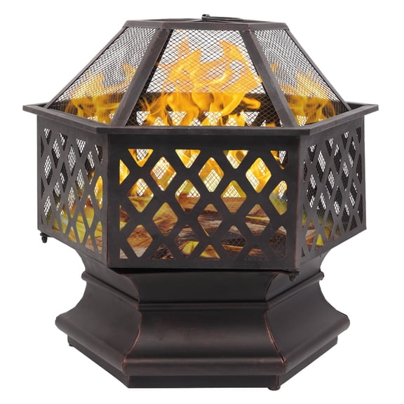 22" Hexagon Fire Pit with Spark Screen - Distressed Bronze Iron Wood Burning Brazier for Backyard, Patio & Poolside - Lightweight & Portable (15.8 lbs)