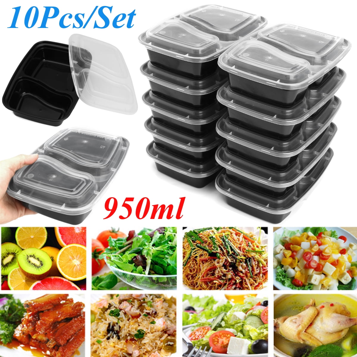 10PCS Meal Prep Food Containers 2 Compartment PP Free Lunch Bento ...