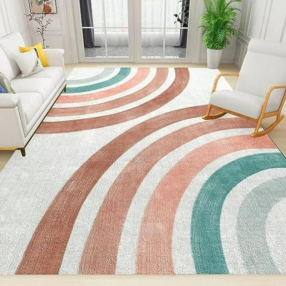Rainbow Geometric Area Rugs, Boho Sun Soft Washable Carpet, Upholstery Rug With Non-Slip Backing For Kids Boys Girls Bedroom Living Room Dining Room Study 5' x 7'