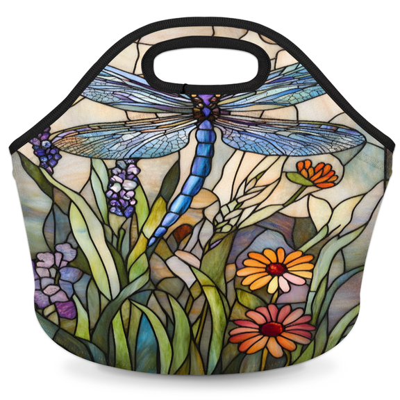 Herdesigns Dragonfly Insulated Lunch Bag Neoprene Lunch Box for Women Men Soft Cooler Bag Stained Glass Style Flowers Washable Lunch Tote for Work Outdoor Picnic