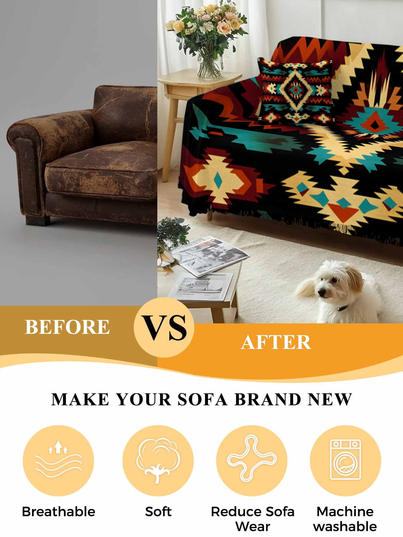Boho Orange Teal Couch Cover, Vintage Geometric Southwestern Ethnic Sofa Cover Blanket for 3 Cushion Couch,Sectional Sofa Slipcover Furniture Protector for Living Room Bedroom 71''x134''