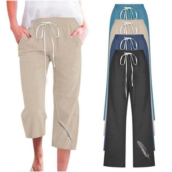 YUGYXL Cotton Linen Capris for Women Fashion Feather Print Capris Drawstring Elastic Waist Wide Leg Pants with Pockets Black L