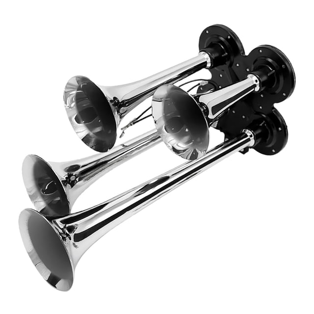 Bocina de aire de tren de 4 trompetas DYNWAVEMX 150 solenoide eléctrico de 12 camión plateado