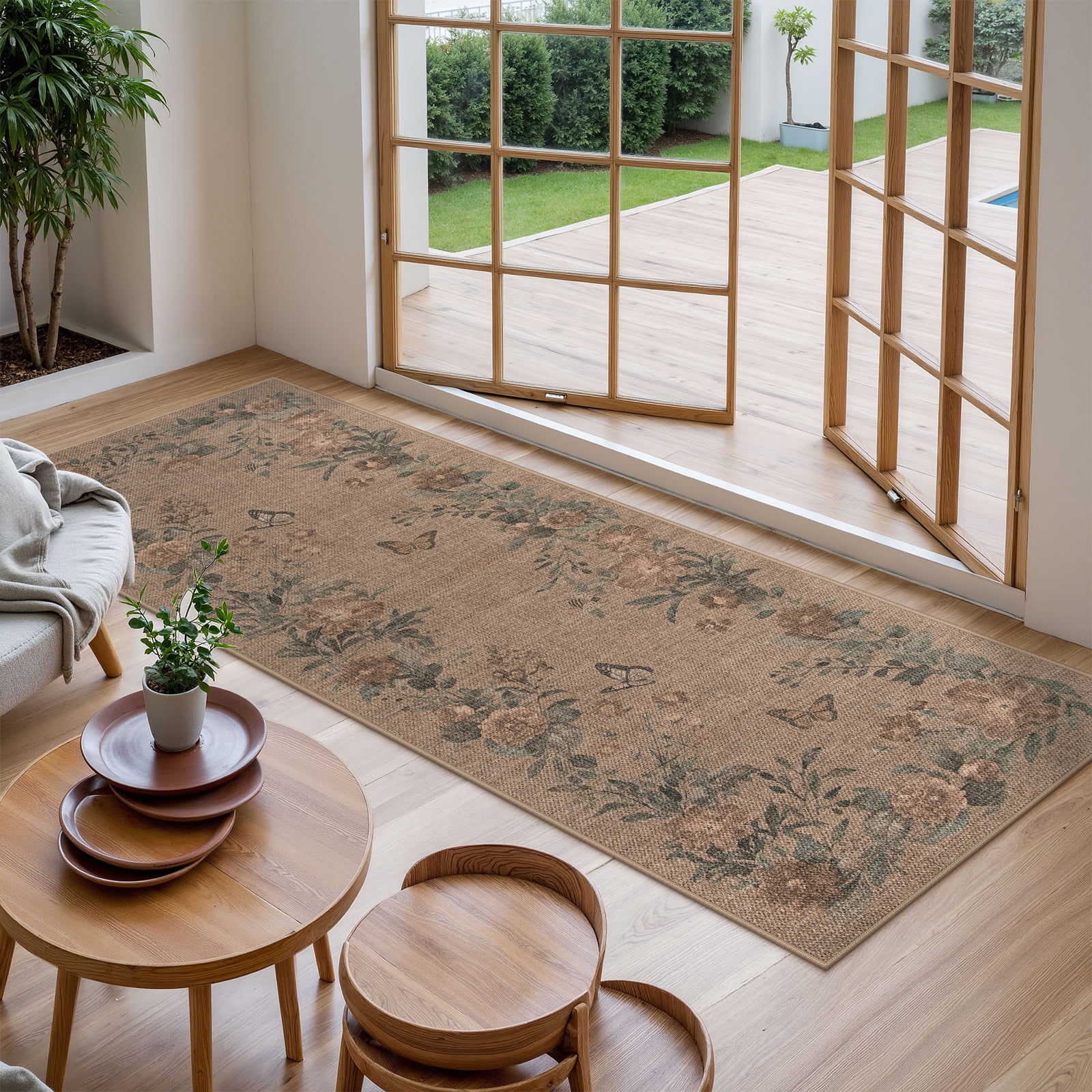 SUNDEREY 2'6"x8' Floral Easy Jute Kitchen Rug,Runner Rugs 2.6x8ft Hallway Easy Jute Rug,Non Slip Washable Rug,Soft Non-Slip Khaki Indoor Carpet for Entryway Laundry Bedroom,Butterfly&Fleur
