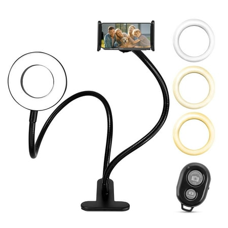 iDance LED Ring Light with Cell Phone Clip Stand Holder 3.5 Grip Flexible Long Arm Gooseneck Bracket Mount Clamp with Bluetooth Remote Control for Desk Bed Compatible with iPhone and Smartphone