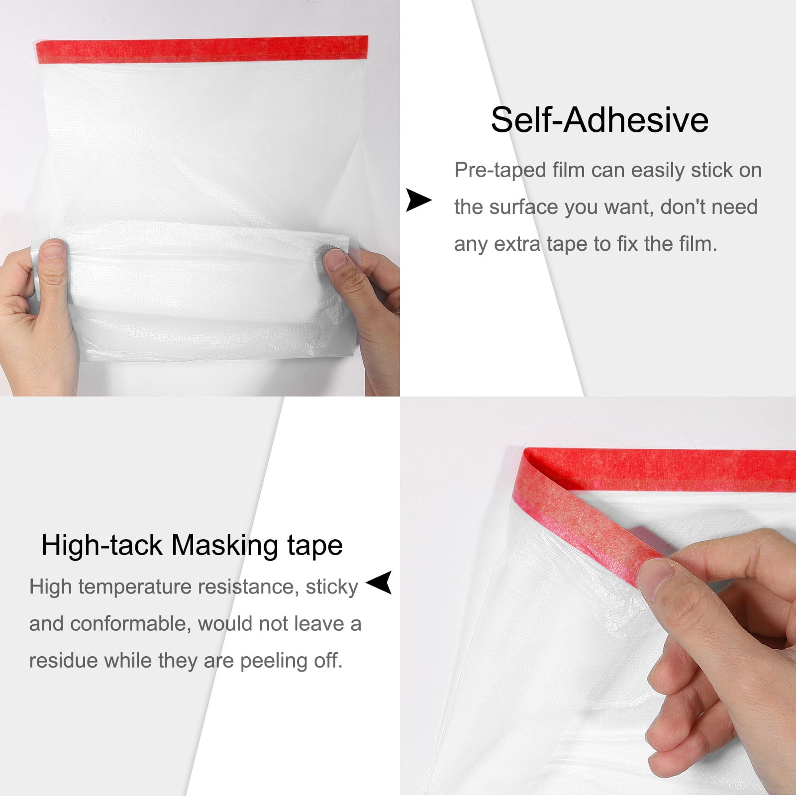 Pre-Taped Masking Film, 7.9ft x 66ft High-Tack Painters Tape Plastic Drop Cloth with High-Tack Painters Tape for Painting Protection Red 4Pcs