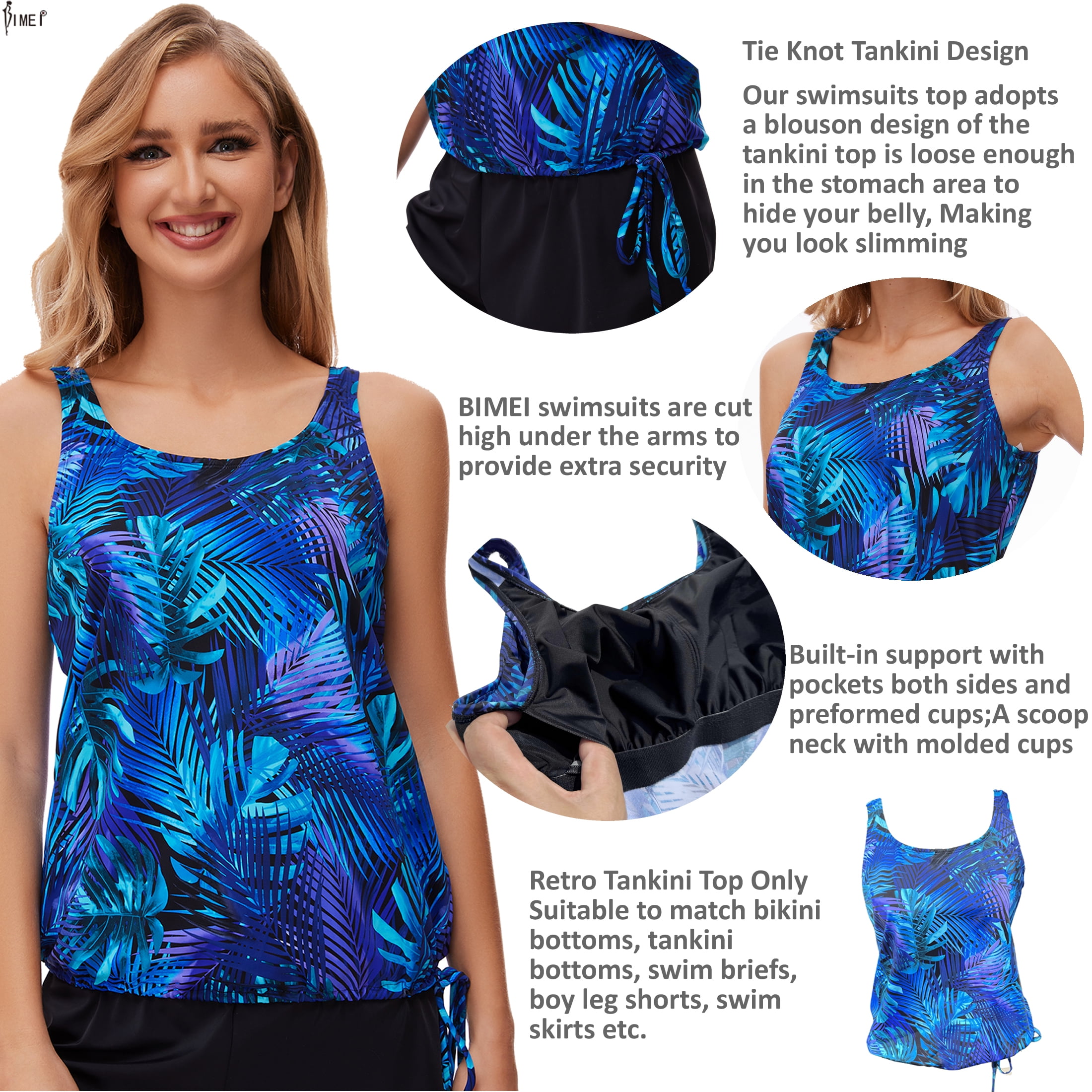 BIMEI Women's Mastectomy Tankini Top Swimsuit Pocketed Swimwear High Neck Side Tie Bathing Swim Tops,238 SIZE 8