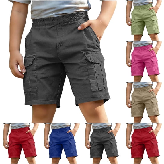 Yourumao Boys Cargo Shorts Elastic Waist Loose Fir Shorts for Back to School Solid Summer Going Out Pants with Pockets 5-15Y