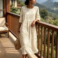 thumbnail image 5 of Ayolanni Floral Women's Fall Dress Crew Neck 3/4 Sleeve A-Line Maxi Dress Holiday Flowy Boho Pleated Long Dress Beige L, 5 of 6
