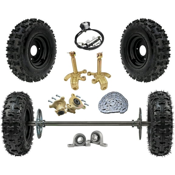 29" Complete Rear Axle Shaft Kit with 6" Wheels, Tires, Rims, Brake Assembly, T8F Chain & Sprocket, and Steering Knuckle Hubs for Go Karts, ATVs, Quads, Trikes, and Drift Bikes