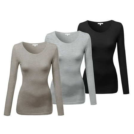 Emmalise Women s Basic Athletic Fit Tshirt Long Sleeves Round Crew Neck Tee (3Pk Oatmeal  HTH Gray  Black  Medium)