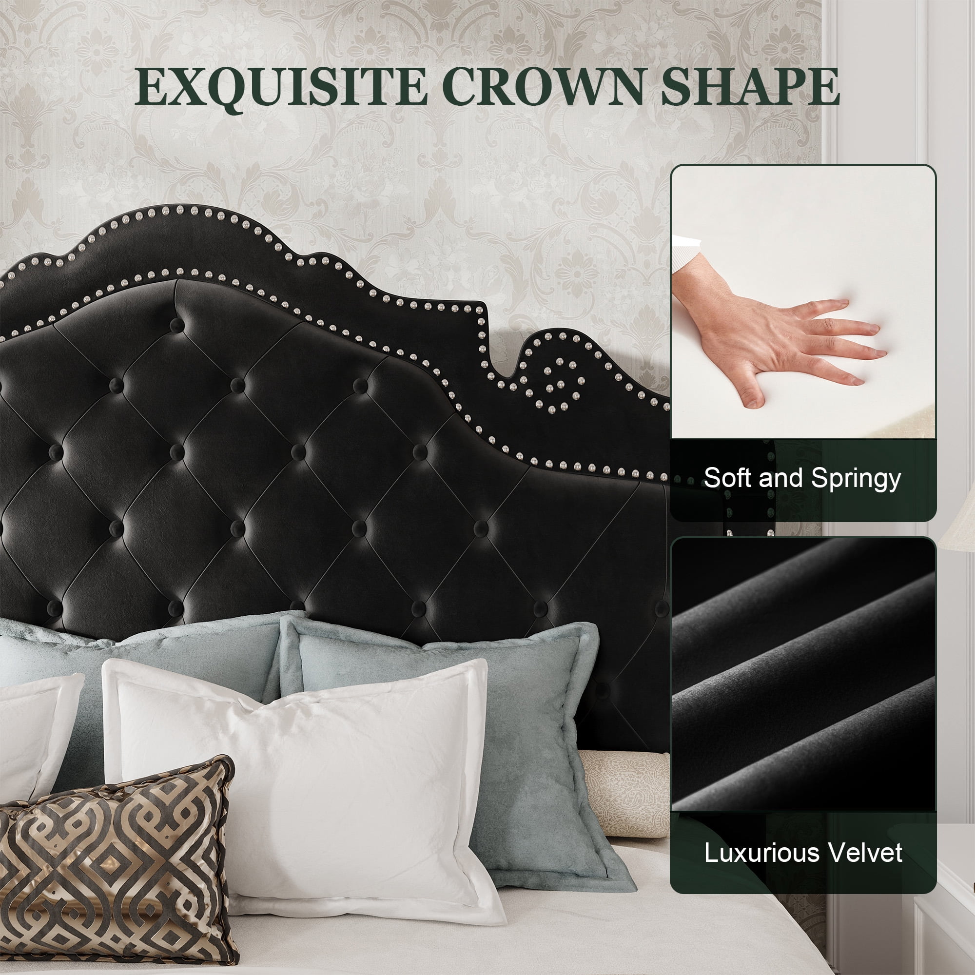 Amolife King Bed Frame with Adjustable Crown-Shaped Headboard, Upholstered Platform Bed, No Box Spring Required, Black