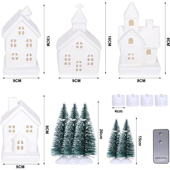 9 Pcs Christmas Village Figurines Sets - 4 Lighted Ceramic Houses with Remote Control & 5 Trees - Christmas Decorations Indoor - White Xmas Holiday Farmhouse Rustic Decor for Home Table Room