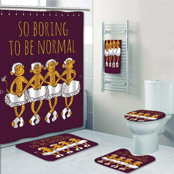 EREHome Funny Ballerina Dancing Monkeys with So Boring to Be Normal Quote Maroon Merigold 5 Piece Bathroom Set Shower Curtain Bath Towel Bath Rug Contour Mat and Toilet Lid Cover