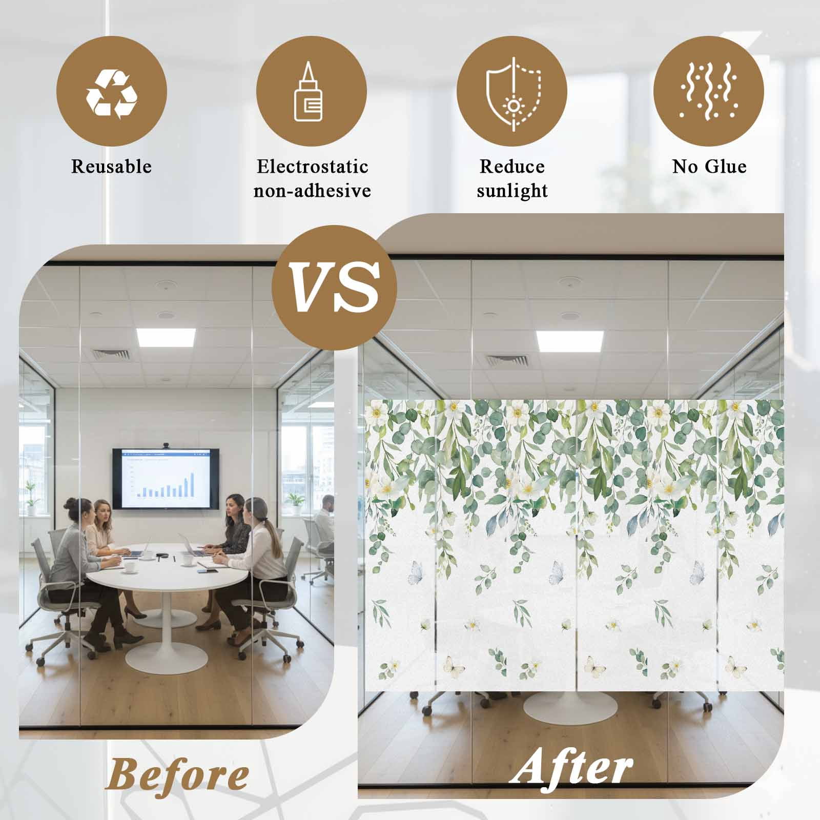 Summer Botanical Window Privacy Film, Watercolor Eucalyptus Leaves Farmhouse Frosted Glass Window Clings Static Cling UV Heat Blocking Reusable Door Sticker for Bathroom 23.6 x 59 Inch