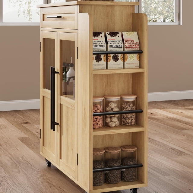Spacious Storage & Versatile Design Kitchen Island Cart – Glass Door Cabinets, Drawer, Stainless Steel Top, Spice Rack,Mobile Counter Table – Entryway Organizer Cabinet – Natural Wood Color