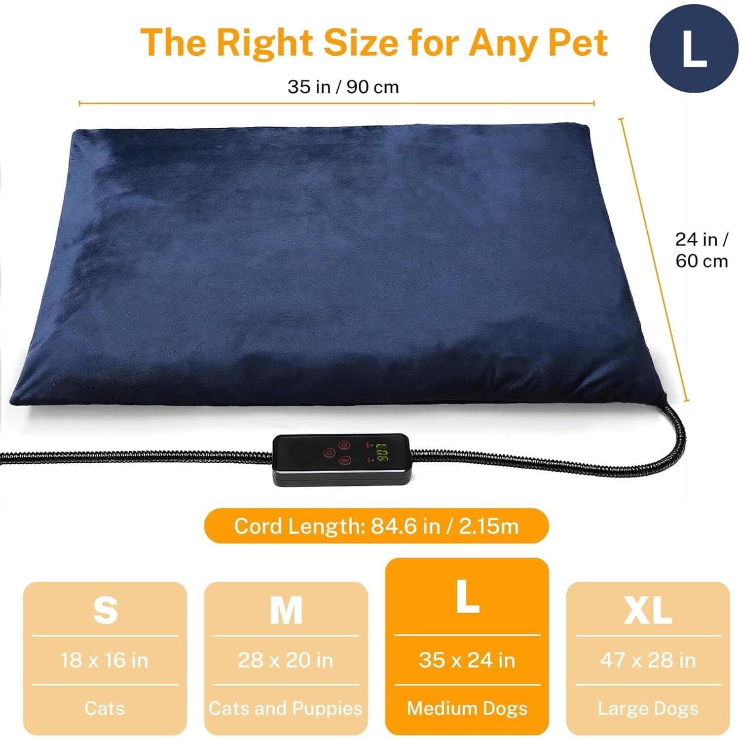 Large Pet Heating Pad, 6 Adjustable Temperature Dog Cat Heating Pad with Timer, Waterproof Heated Dog Bed with Chew Resistant Cord, Indoor Electric Pet Heated Mat 35x24in