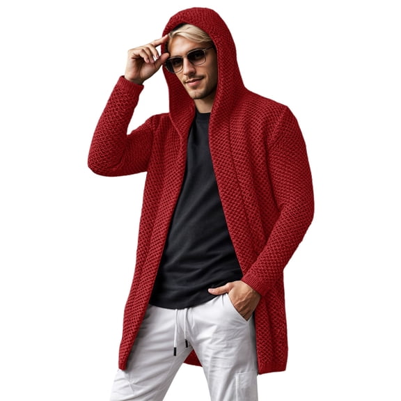 Fgnfyis Winter Jackets for Men Cardigan Sweater with Hood and High Neck Soft Warm Knit Pullover Mens Winter Coat Red S