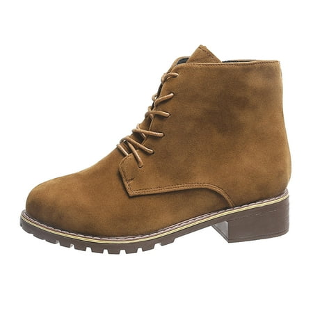 

SEMIMAY Ladies Vintage Solid Flock Lace Up Side Zipper Thick Heel Fashion Short Boots Brown